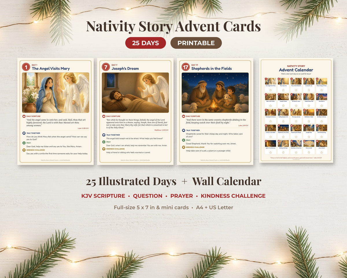 Nativity Story Advent Cards for Kids, 25 Days Printable Bible Advent Calendar, Christmas Scripture Cards, Family Devotional
