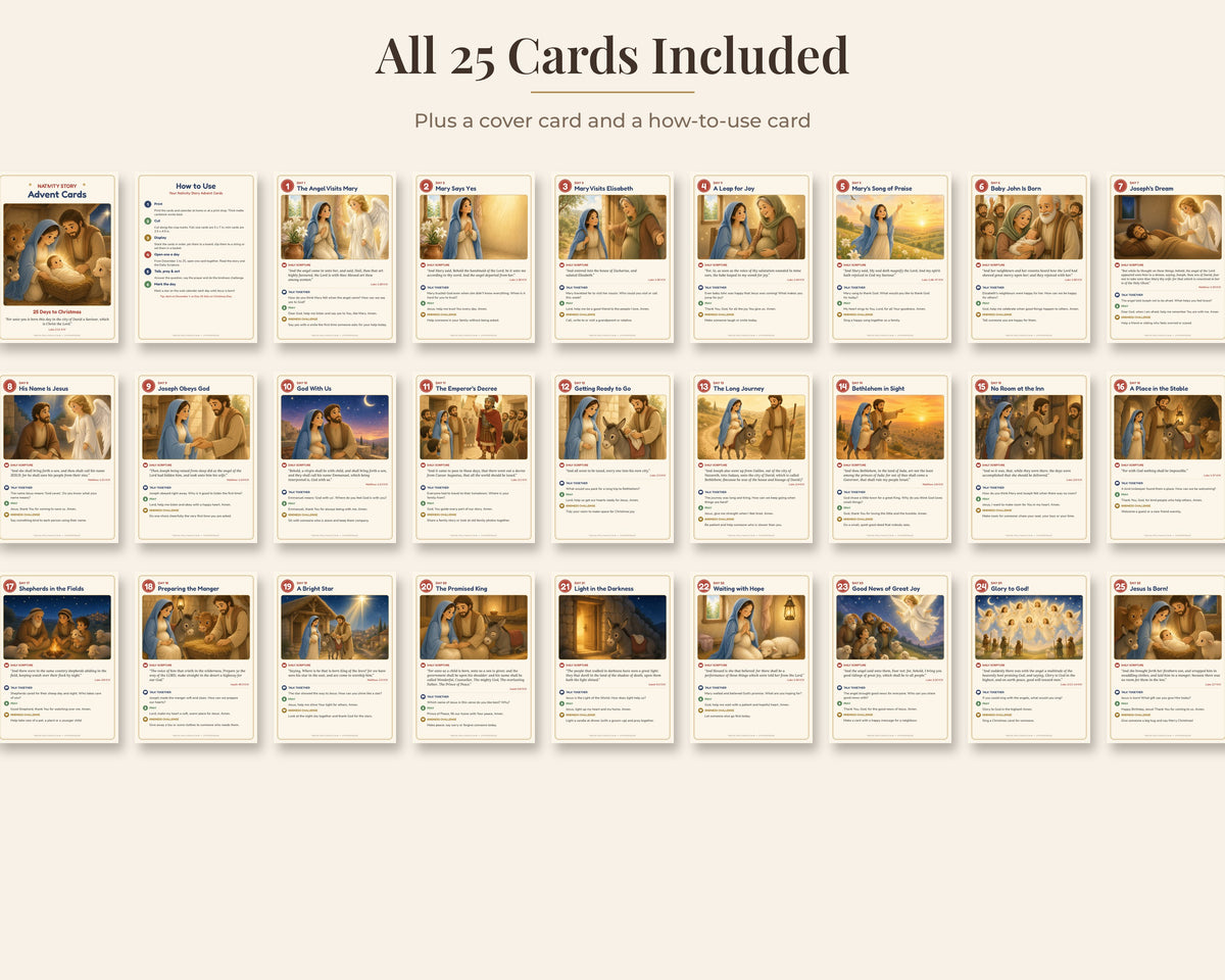 Nativity Story Advent Cards for Kids, 25 Days Printable Bible Advent Calendar, Christmas Scripture Cards, Family Devotional