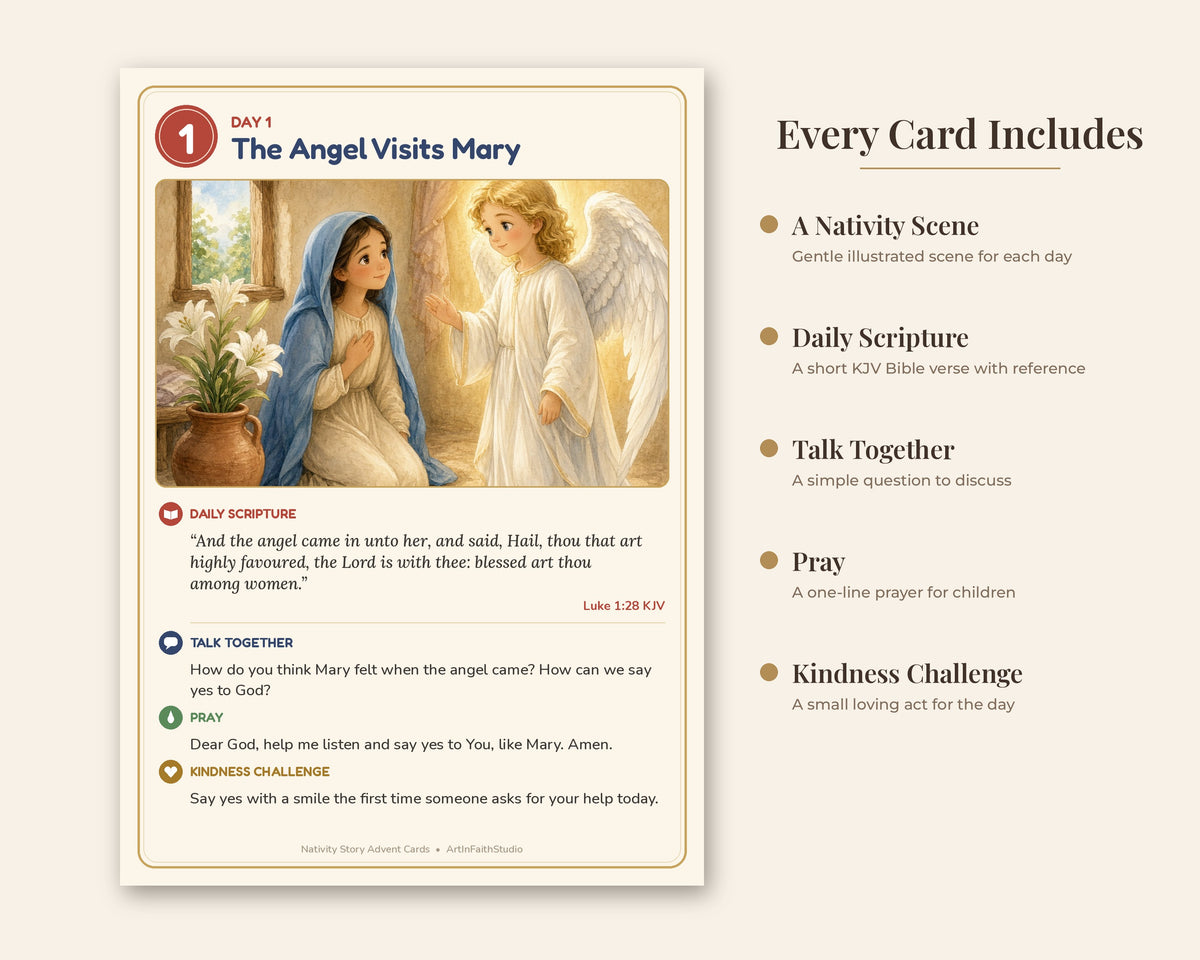 Nativity Story Advent Cards for Kids, 25 Days Printable Bible Advent Calendar, Christmas Scripture Cards, Family Devotional