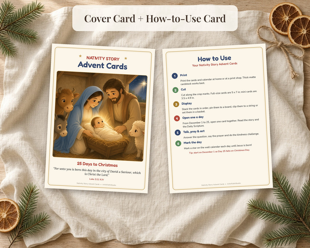 Nativity Story Advent Cards for Kids, 25 Days Printable Bible Advent Calendar, Christmas Scripture Cards, Family Devotional