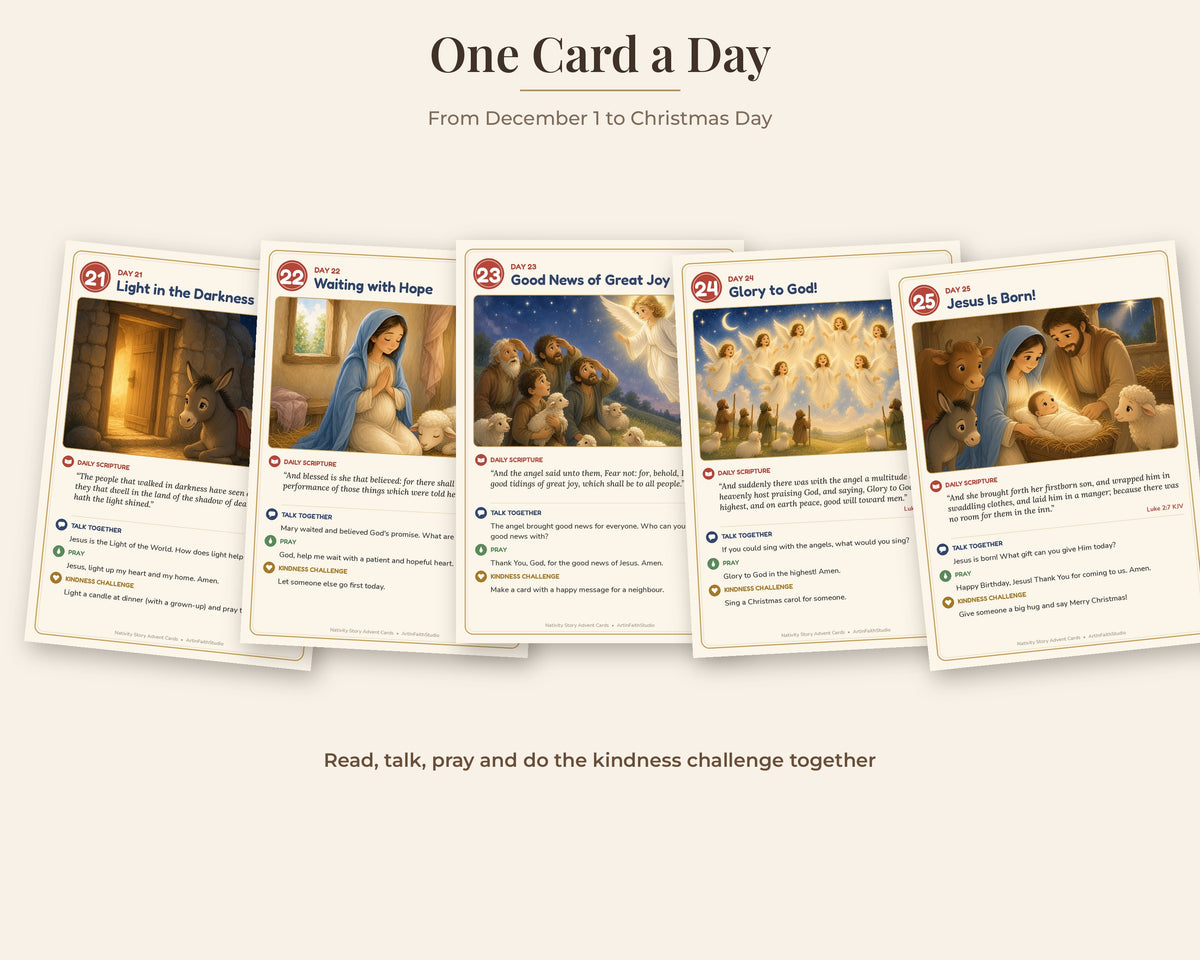 Nativity Story Advent Cards for Kids, 25 Days Printable Bible Advent Calendar, Christmas Scripture Cards, Family Devotional