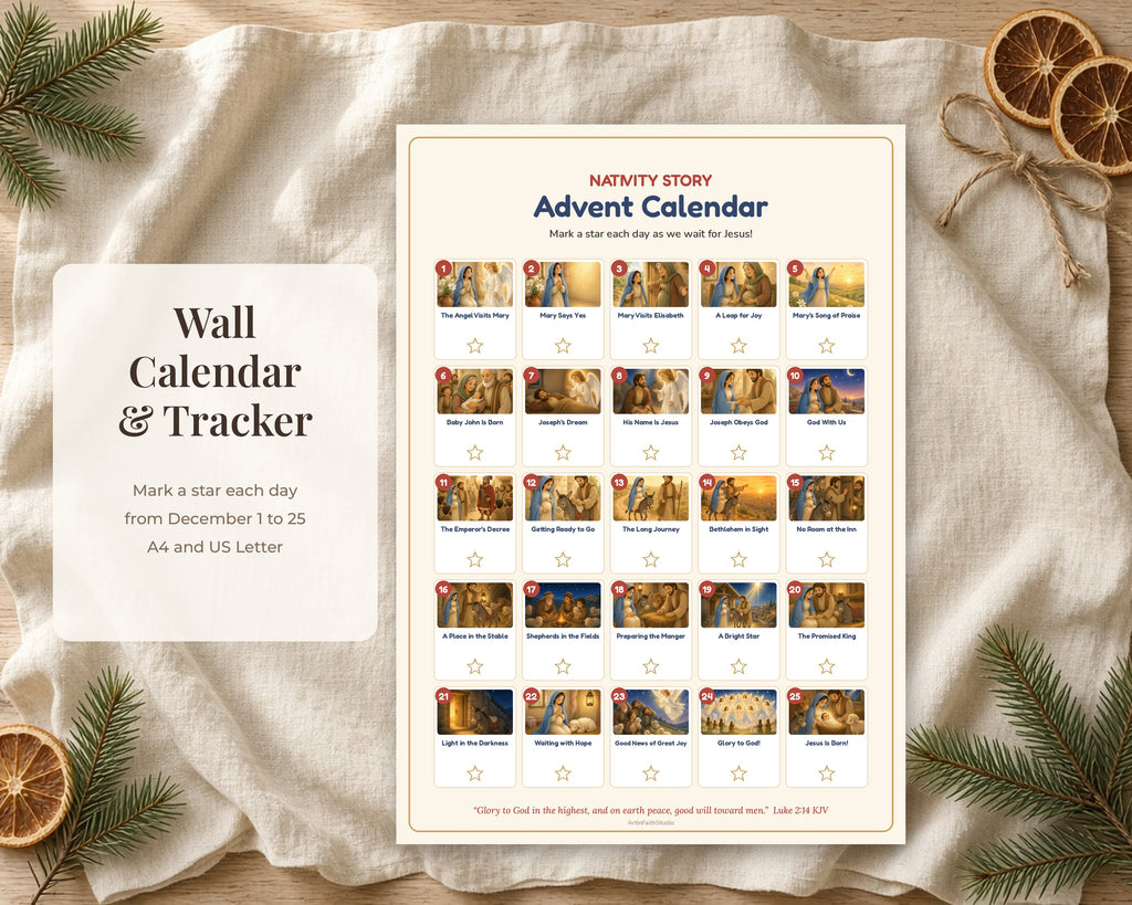 Nativity Story Advent Cards for Kids, 25 Days Printable Bible Advent Calendar, Christmas Scripture Cards, Family Devotional