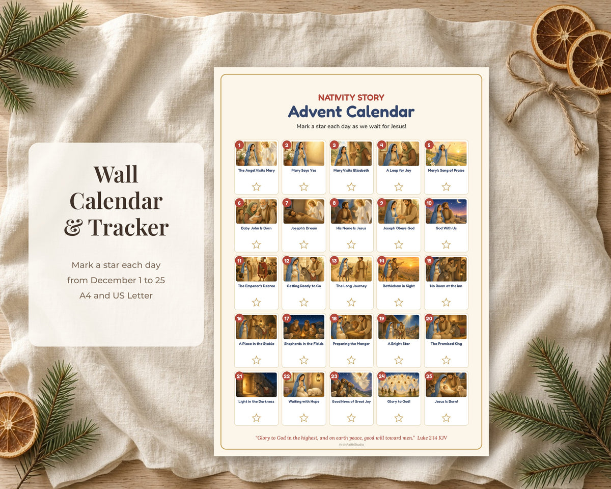 Nativity Story Advent Cards for Kids, 25 Days Printable Bible Advent Calendar, Christmas Scripture Cards, Family Devotional