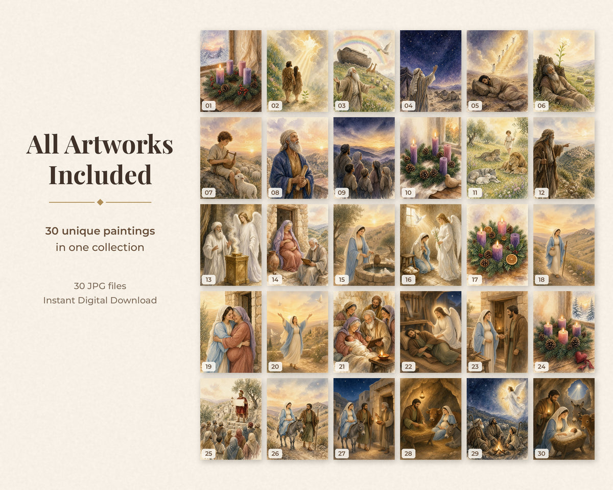 30 Advent Journey Watercolor Paintings - Day by Day Advent Calendar Bible Art, Jesse Tree, Annunciation, Nativity, Christian Wall Art