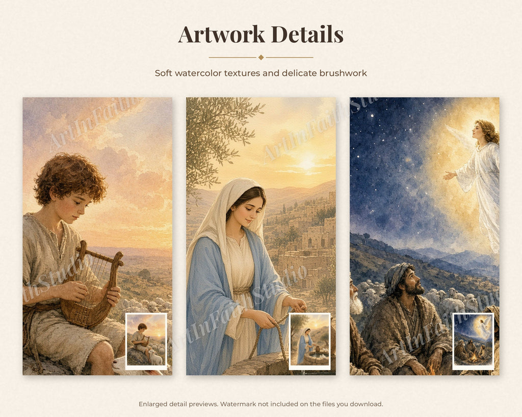 30 Advent Journey Watercolor Paintings - Day by Day Advent Calendar Bible Art, Jesse Tree, Annunciation, Nativity, Christian Wall Art
