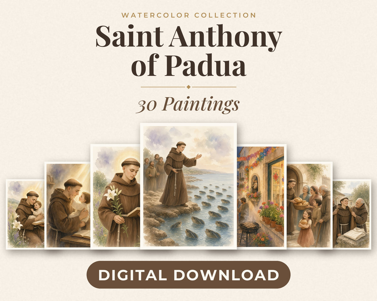 30 Saint Anthony of Padua Watercolor Paintings - St Anthony of Lisbon Life Story, Catholic Wall Art Bundle, Franciscan Saint