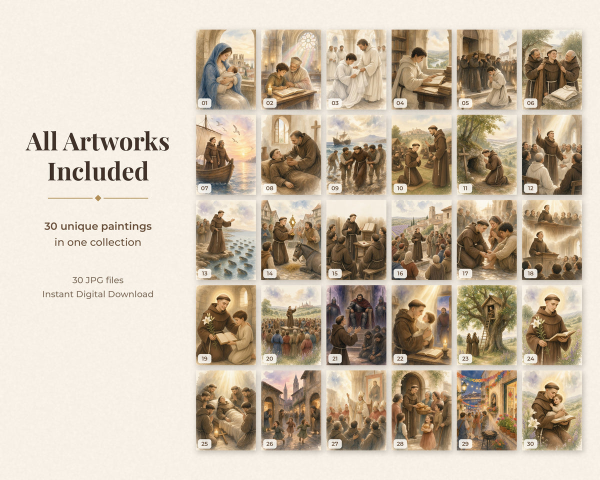 30 Saint Anthony of Padua Watercolor Paintings - St Anthony of Lisbon Life Story, Catholic Wall Art Bundle, Franciscan Saint