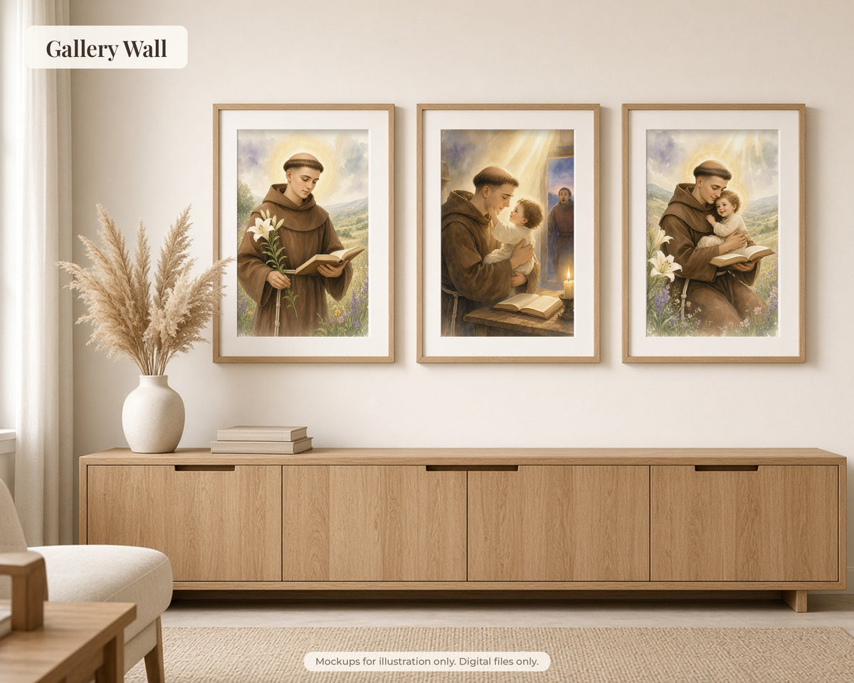30 Saint Anthony of Padua Watercolor Paintings - St Anthony of Lisbon Life Story, Catholic Wall Art Bundle, Franciscan Saint