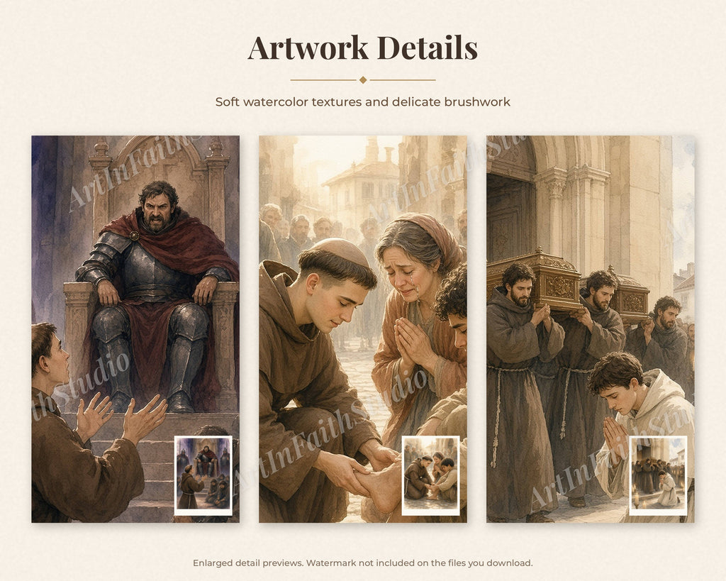 30 Saint Anthony of Padua Watercolor Paintings - St Anthony of Lisbon Life Story, Catholic Wall Art Bundle, Franciscan Saint