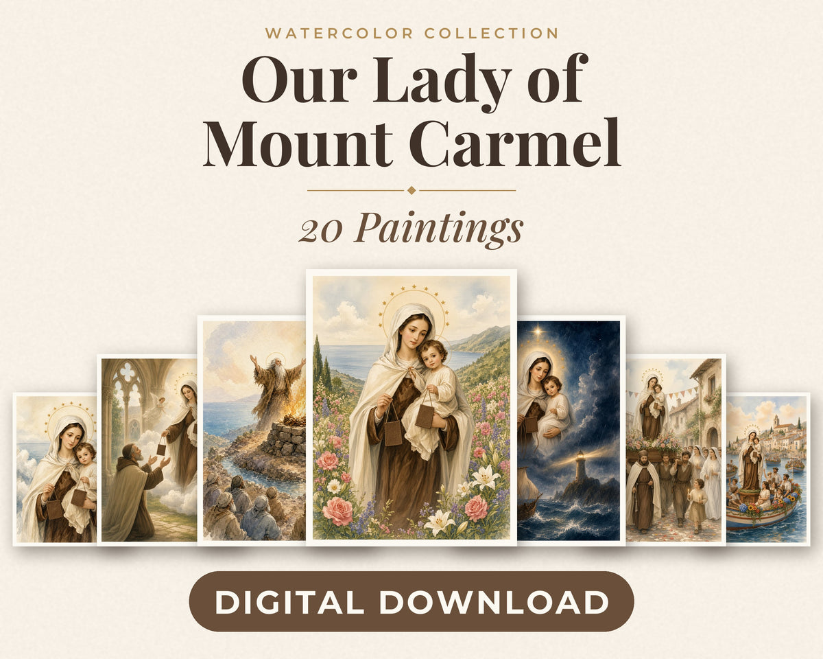 20 Our Lady of Mount Carmel Watercolor Paintings - Brown Scapular, Carmelite Catholic Wall Art, Marian Printable, Saint Elijah