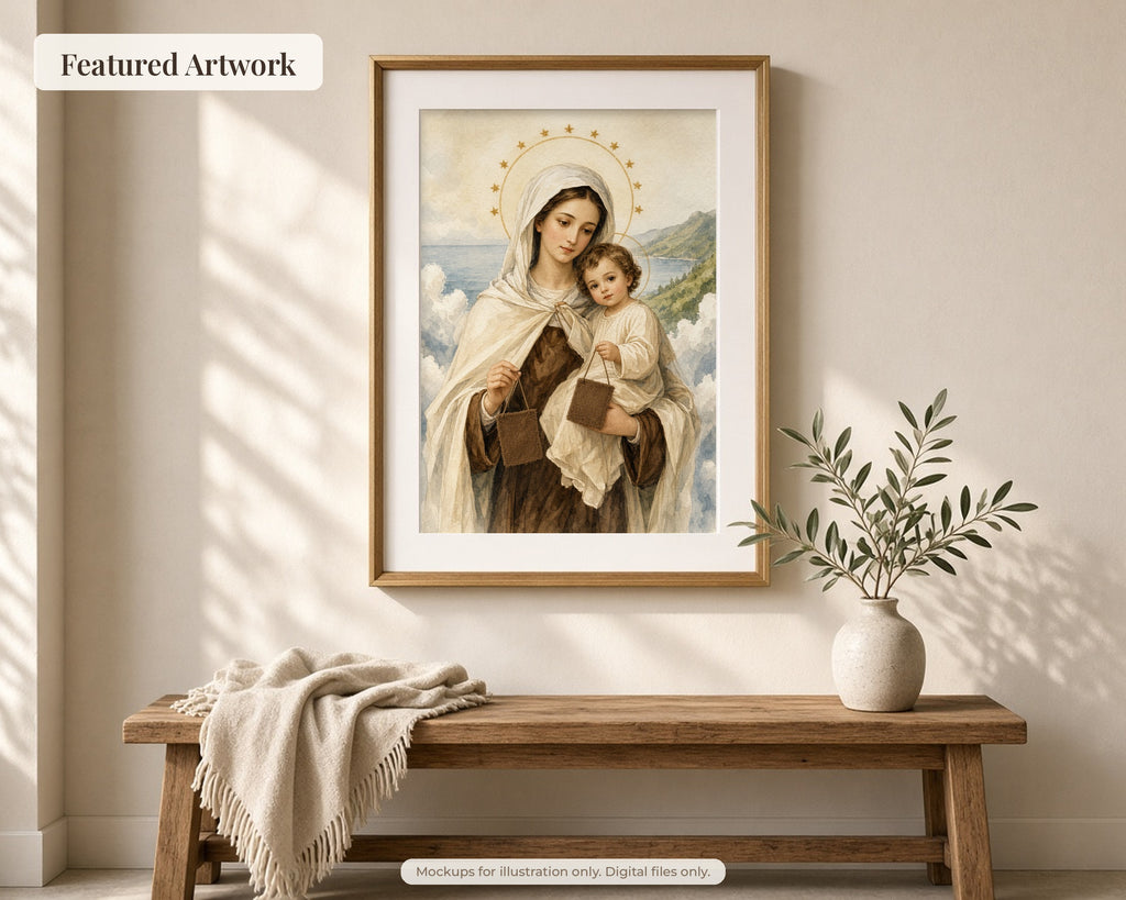 20 Our Lady of Mount Carmel Watercolor Paintings - Brown Scapular, Carmelite Catholic Wall Art, Marian Printable, Saint Elijah