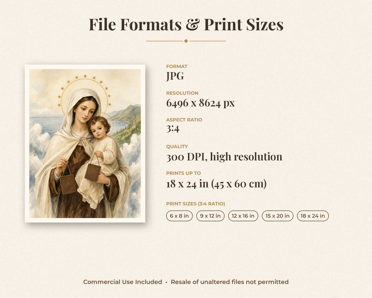20 Our Lady of Mount Carmel Watercolor Paintings - Brown Scapular, Carmelite Catholic Wall Art, Marian Printable, Saint Elijah