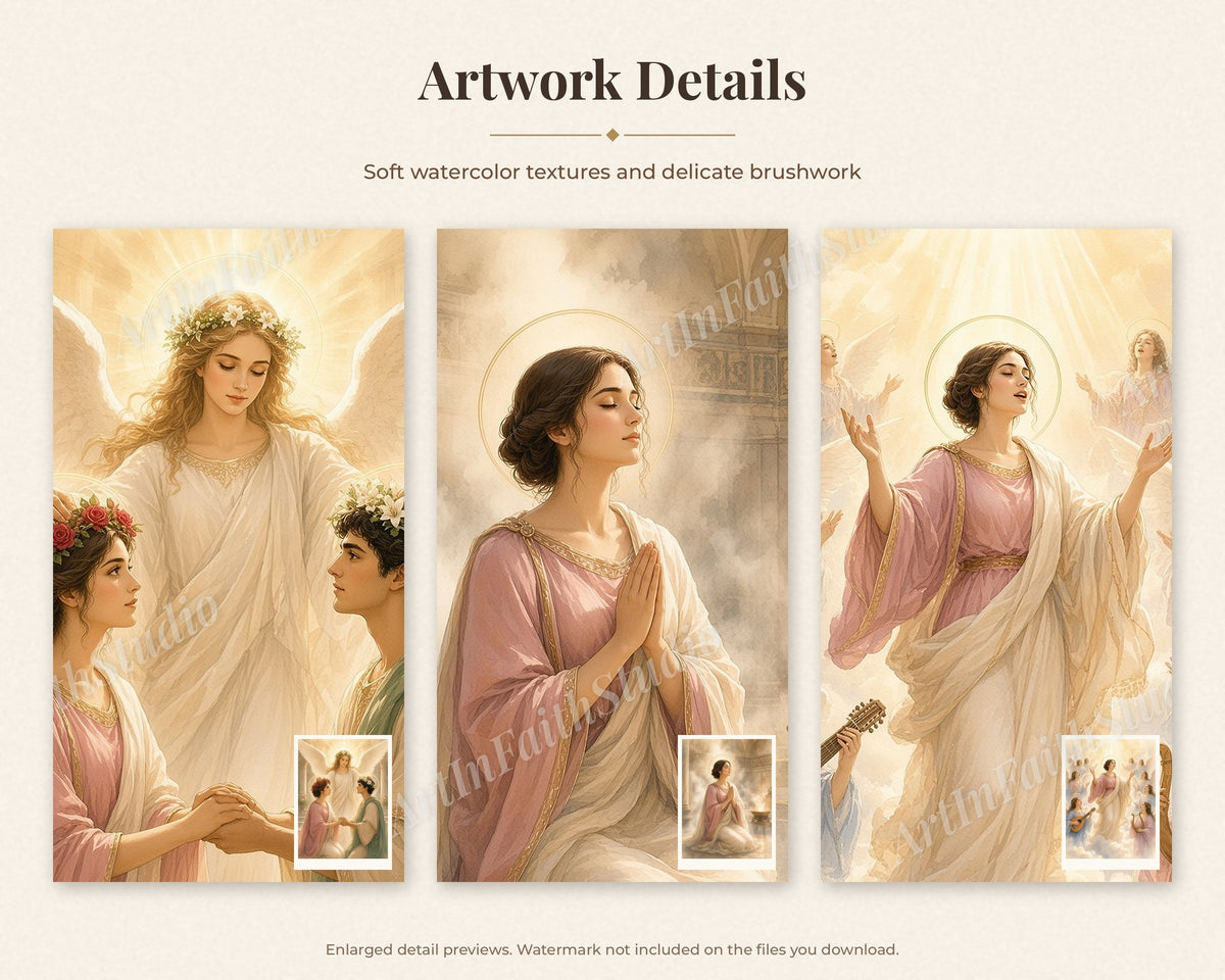 20 Saint Cecilia Watercolor Paintings - Patron Saint of Music, Catholic Wall Art, Choir Gift, Virgin Martyr