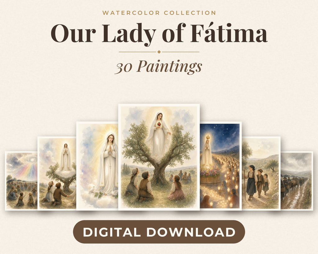 30 Our Lady of Fatima Watercolor Paintings - 1917 Apparitions Catholic Wall Art Bundle, Three Shepherd Children