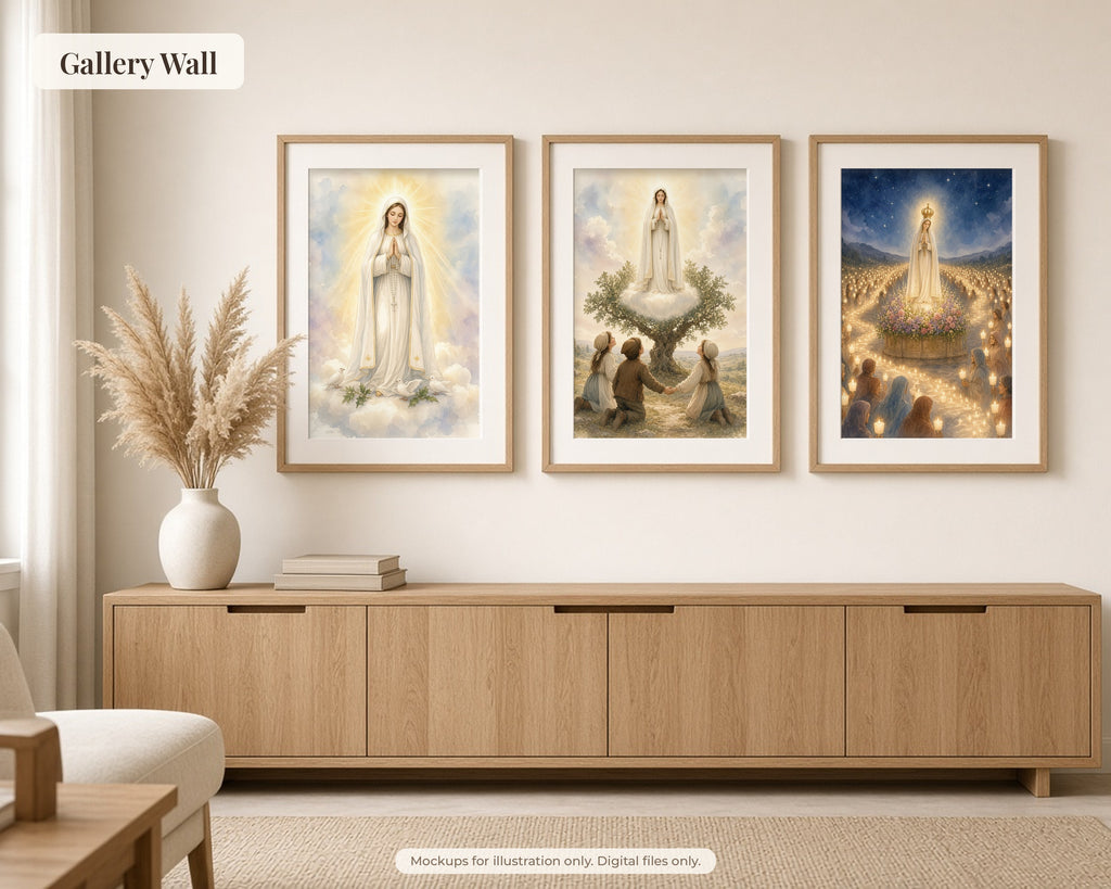 30 Our Lady of Fatima Watercolor Paintings - 1917 Apparitions Catholic Wall Art Bundle, Three Shepherd Children