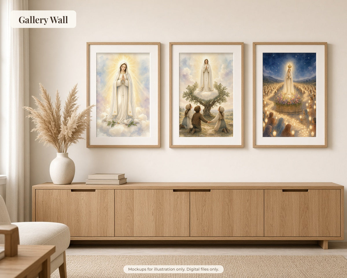 30 Our Lady of Fatima Watercolor Paintings - 1917 Apparitions Catholic Wall Art Bundle, Three Shepherd Children