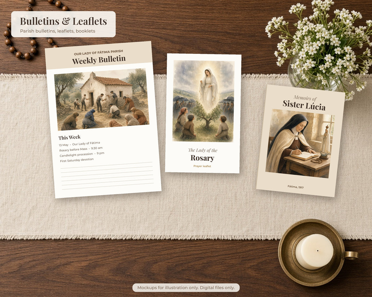 30 Our Lady of Fatima Watercolor Paintings - 1917 Apparitions Catholic Wall Art Bundle, Three Shepherd Children