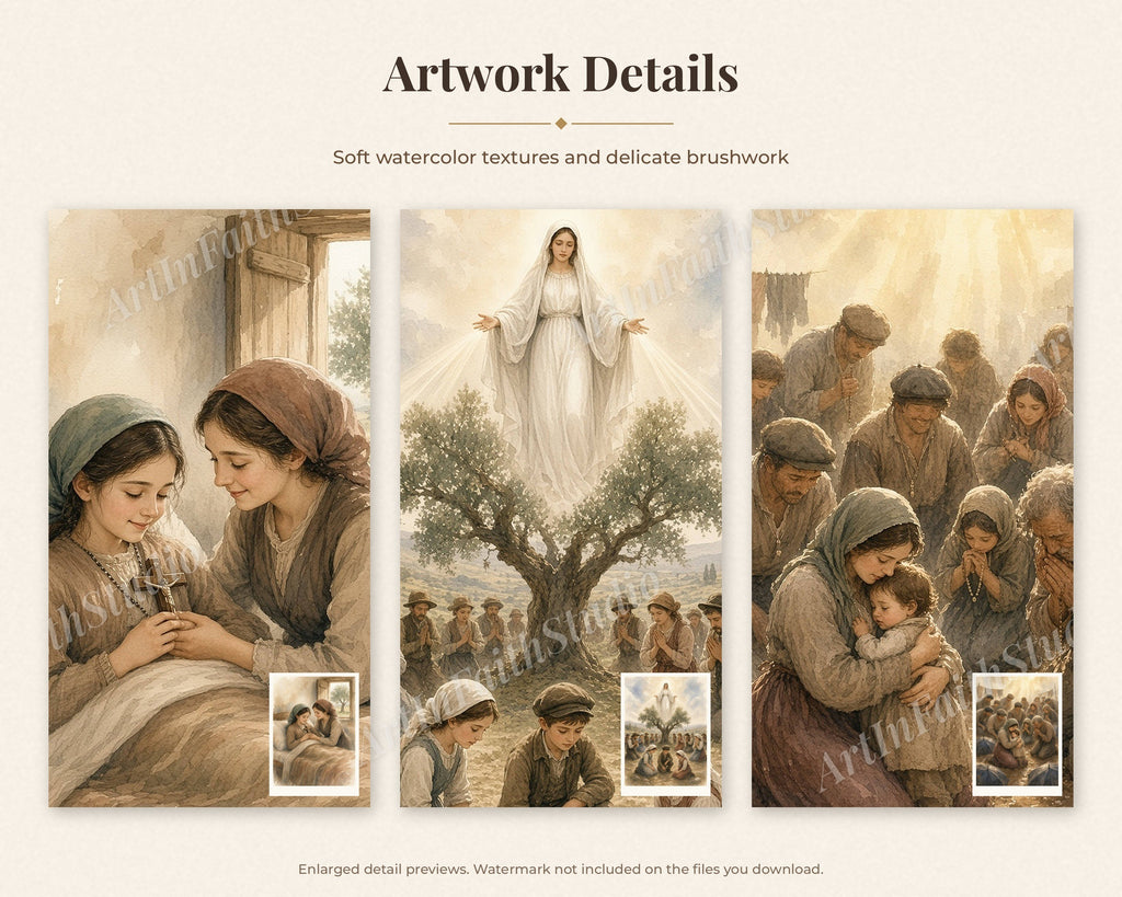 30 Our Lady of Fatima Watercolor Paintings - 1917 Apparitions Catholic Wall Art Bundle, Three Shepherd Children