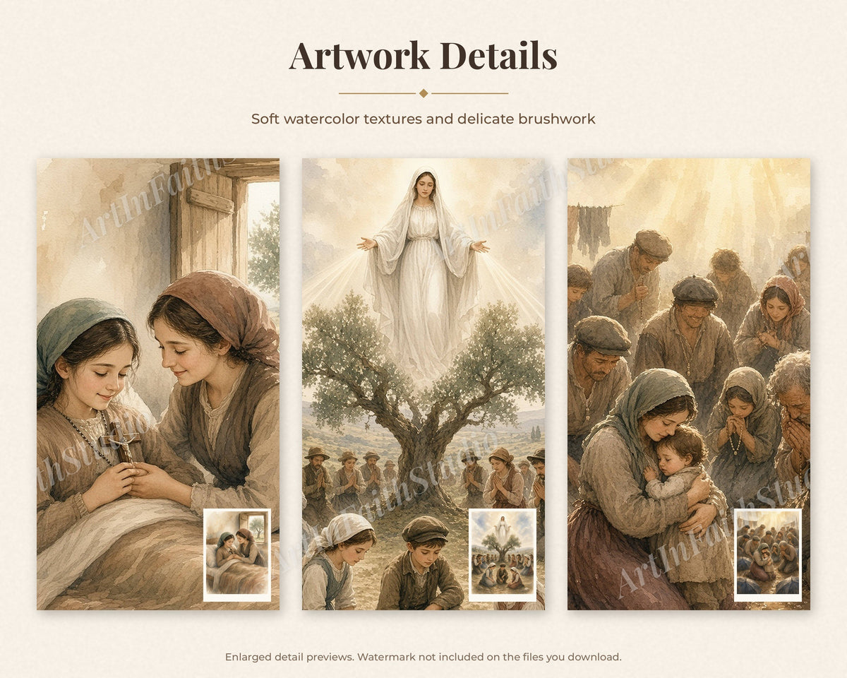 30 Our Lady of Fatima Watercolor Paintings - 1917 Apparitions Catholic Wall Art Bundle, Three Shepherd Children