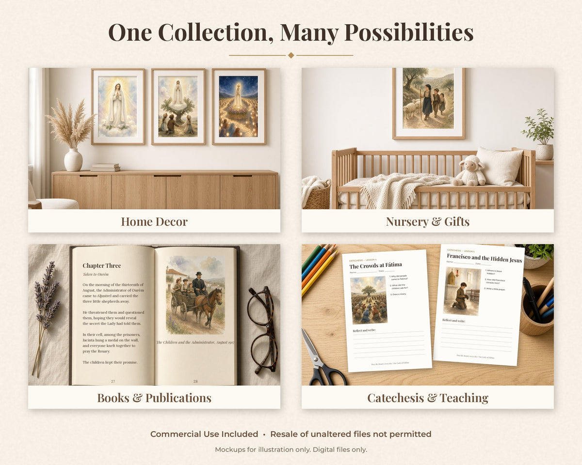 30 Our Lady of Fatima Watercolor Paintings - 1917 Apparitions Catholic Wall Art Bundle, Three Shepherd Children