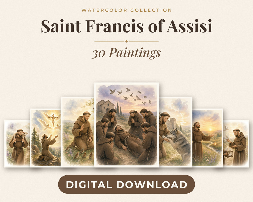 30 St Francis of Assisi Watercolor Paintings - Life of Saint Francis Catholic Wall Art Bundle, Instant Download