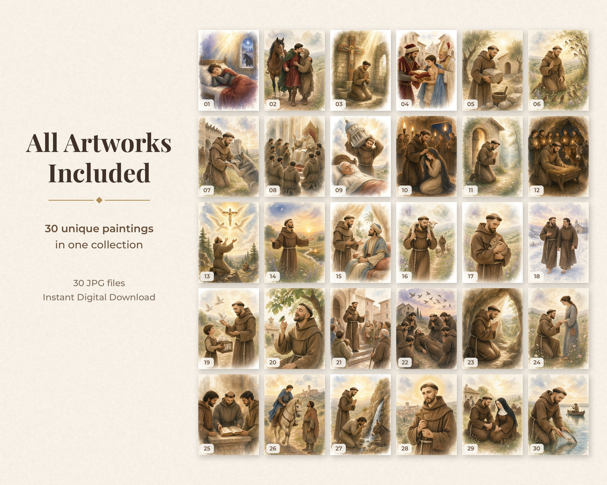 30 St Francis of Assisi Watercolor Paintings - Life of Saint Francis Catholic Wall Art Bundle, Instant Download