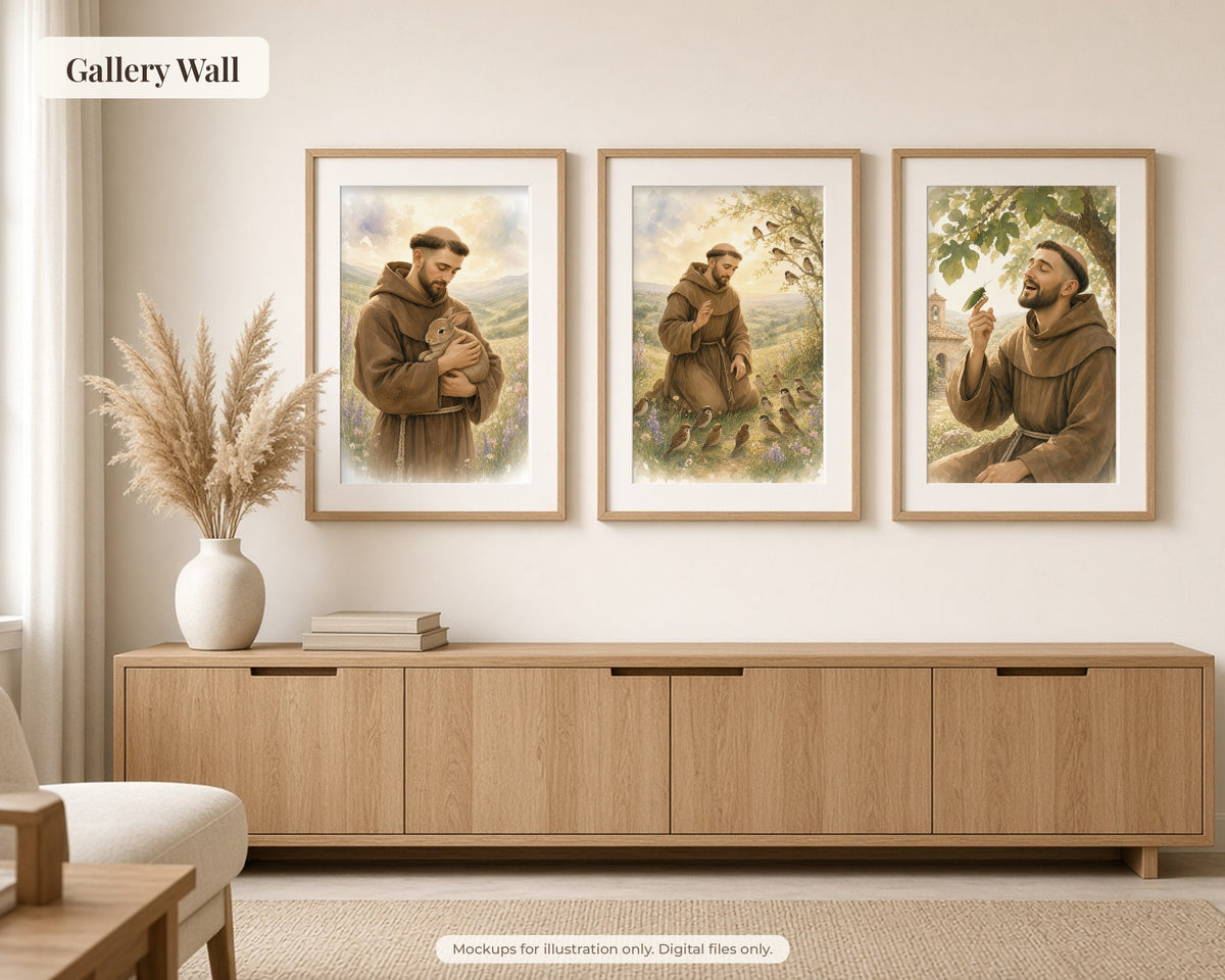 30 St Francis of Assisi Watercolor Paintings - Life of Saint Francis Catholic Wall Art Bundle, Instant Download