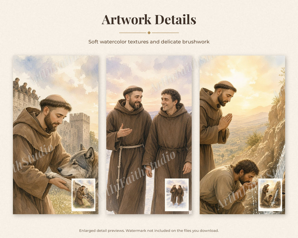 30 St Francis of Assisi Watercolor Paintings - Life of Saint Francis Catholic Wall Art Bundle, Instant Download