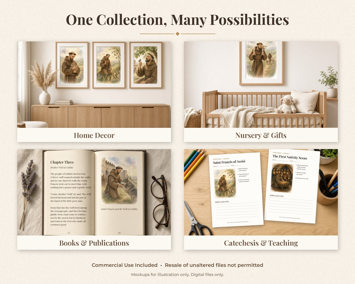 30 St Francis of Assisi Watercolor Paintings - Life of Saint Francis Catholic Wall Art Bundle, Instant Download