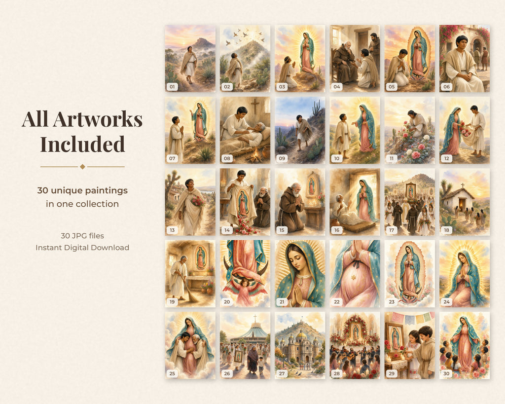 30 Our Lady of Guadalupe Watercolor Paintings - Juan Diego Tilma Story, Virgen de Guadalupe Catholic Wall Art Bundle
