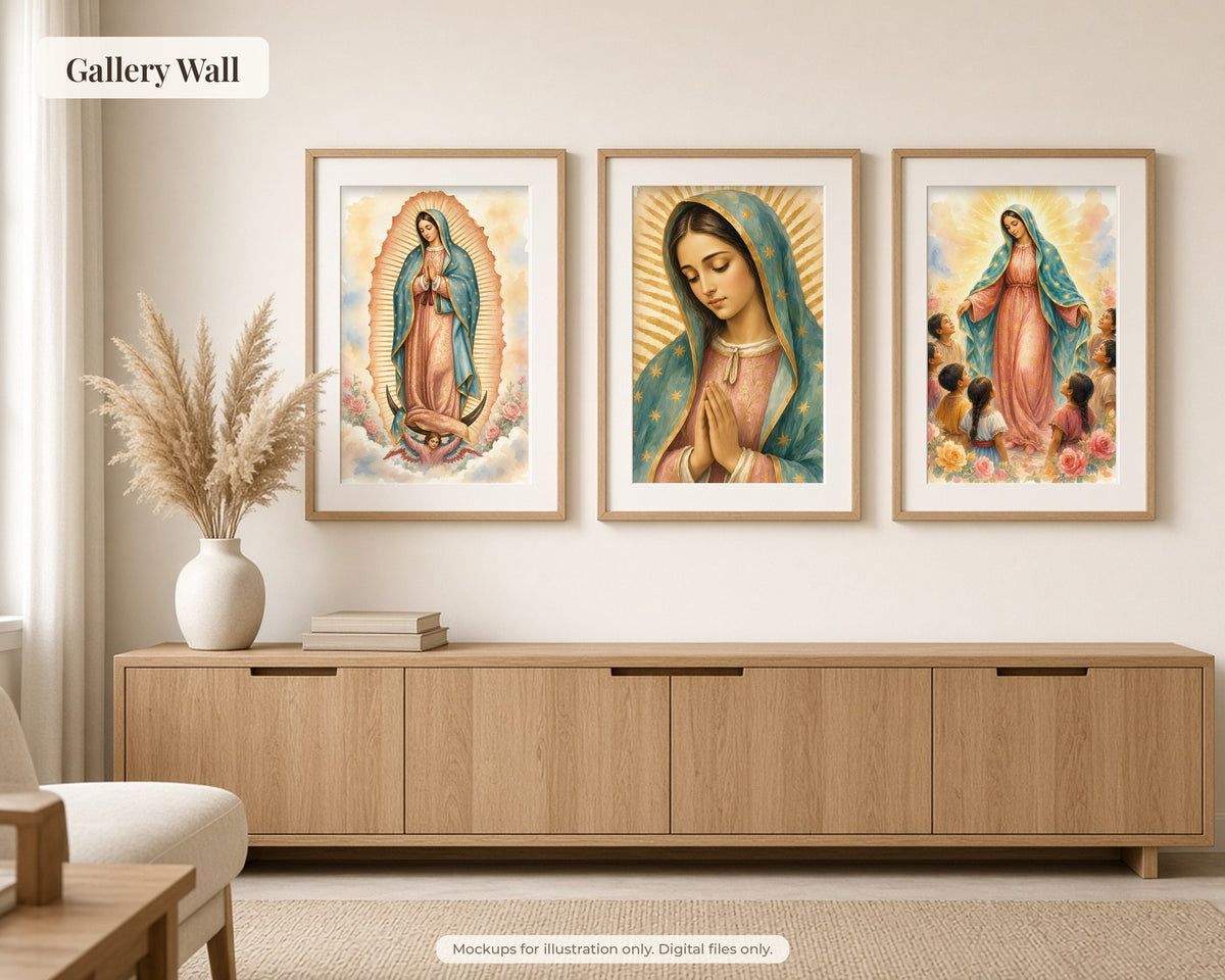 30 Our Lady of Guadalupe Watercolor Paintings - Juan Diego Tilma Story, Virgen de Guadalupe Catholic Wall Art Bundle