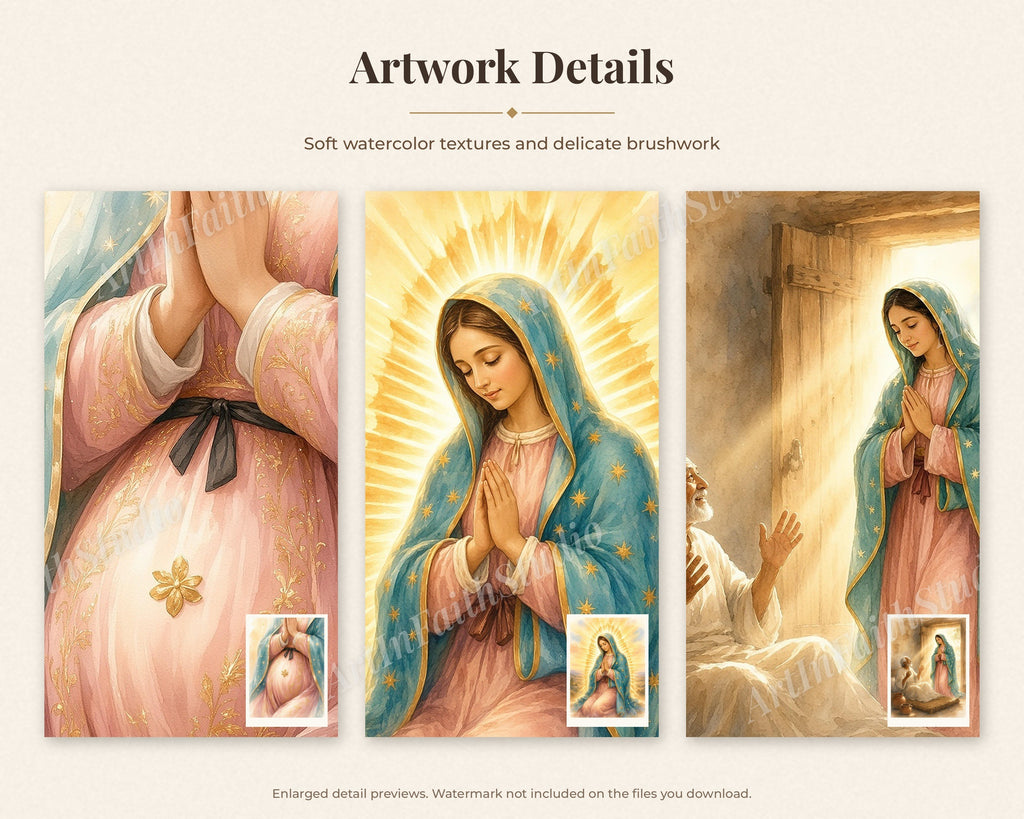 30 Our Lady of Guadalupe Watercolor Paintings - Juan Diego Tilma Story, Virgen de Guadalupe Catholic Wall Art Bundle