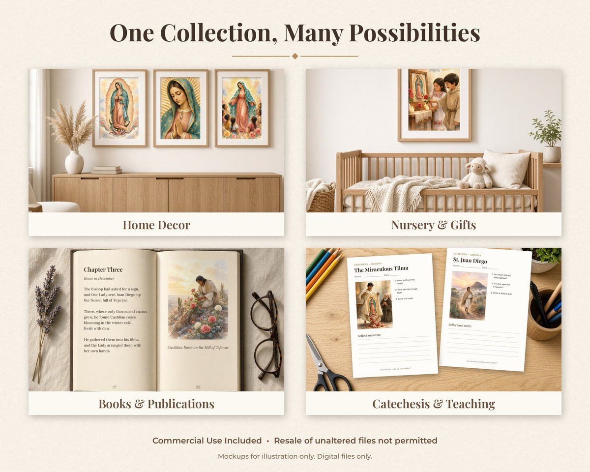 30 Our Lady of Guadalupe Watercolor Paintings - Juan Diego Tilma Story, Virgen de Guadalupe Catholic Wall Art Bundle