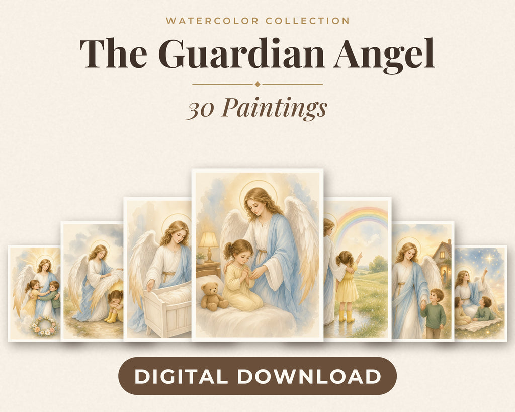 30 Guardian Angel Watercolor Paintings - Nursery Wall Art Bundle, Baptism Gift, Angel of God Catholic Printable