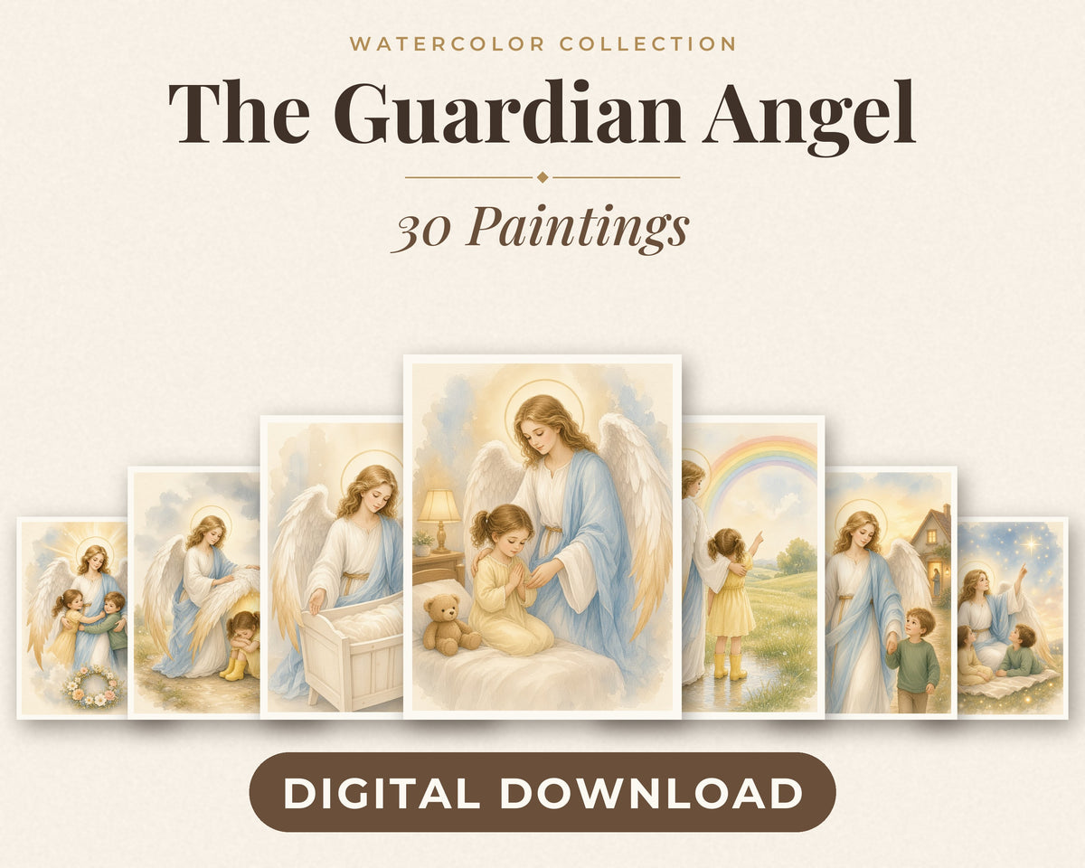 30 Guardian Angel Watercolor Paintings - Nursery Wall Art Bundle, Baptism Gift, Angel of God Catholic Printable