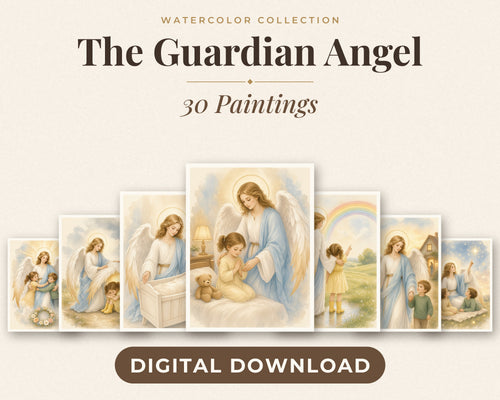 30 Guardian Angel Watercolor Paintings - Nursery Wall Art Bundle, Baptism Gift, Angel of God Catholic Printable
