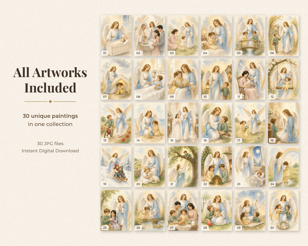 30 Guardian Angel Watercolor Paintings - Nursery Wall Art Bundle, Baptism Gift, Angel of God Catholic Printable