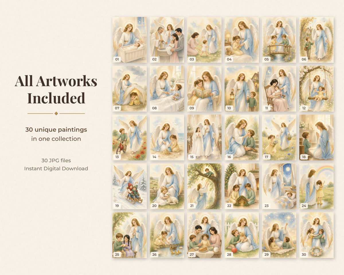 30 Guardian Angel Watercolor Paintings - Nursery Wall Art Bundle, Baptism Gift, Angel of God Catholic Printable