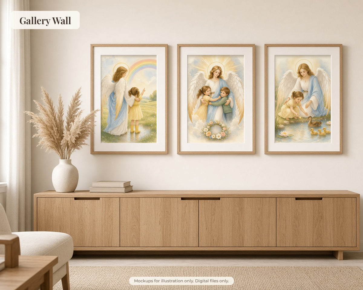 30 Guardian Angel Watercolor Paintings - Nursery Wall Art Bundle, Baptism Gift, Angel of God Catholic Printable