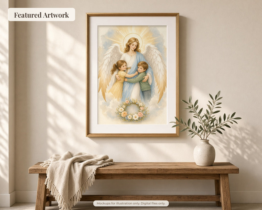 30 Guardian Angel Watercolor Paintings - Nursery Wall Art Bundle, Baptism Gift, Angel of God Catholic Printable