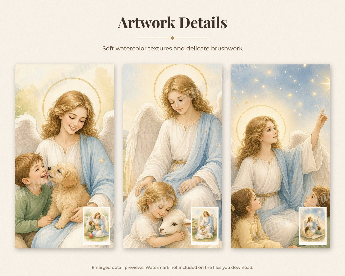 30 Guardian Angel Watercolor Paintings - Nursery Wall Art Bundle, Baptism Gift, Angel of God Catholic Printable