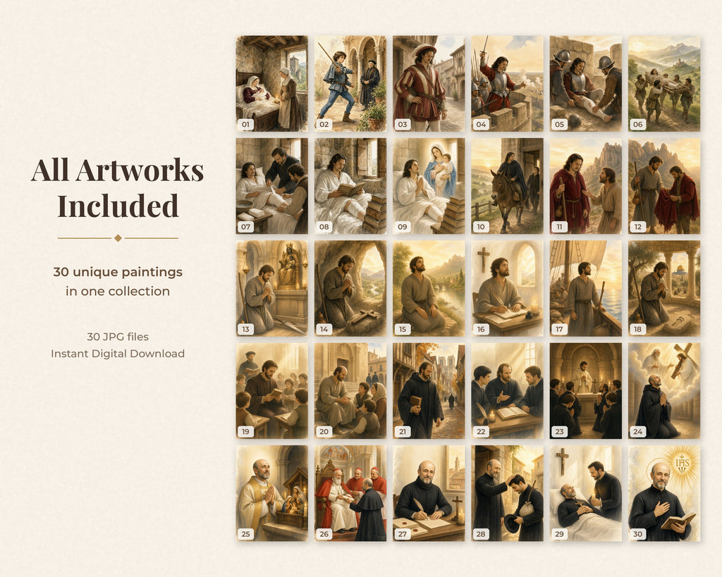 30 Saint Ignatius of Loyola Watercolor Paintings - Life of the Jesuit Founder, Catholic Saint Wall Art Bundle