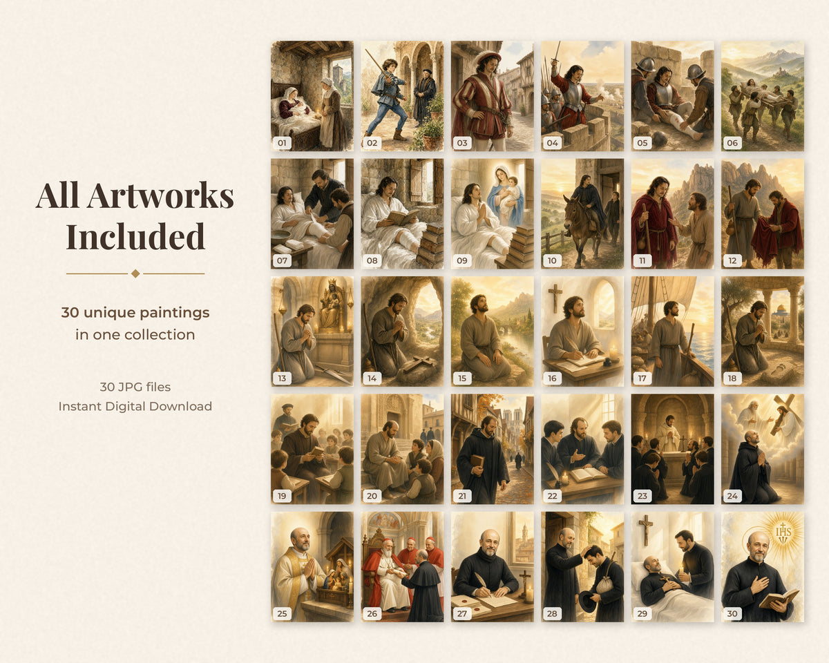 30 Saint Ignatius of Loyola Watercolor Paintings - Life of the Jesuit Founder, Catholic Saint Wall Art Bundle