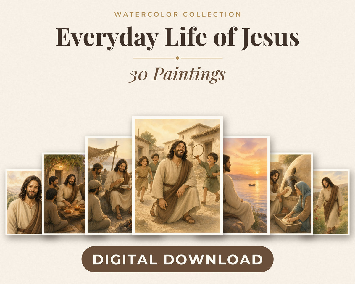 30 Everyday Life of Jesus Watercolor Paintings - Jesus in Daily Life, Christian Wall Art Bundle