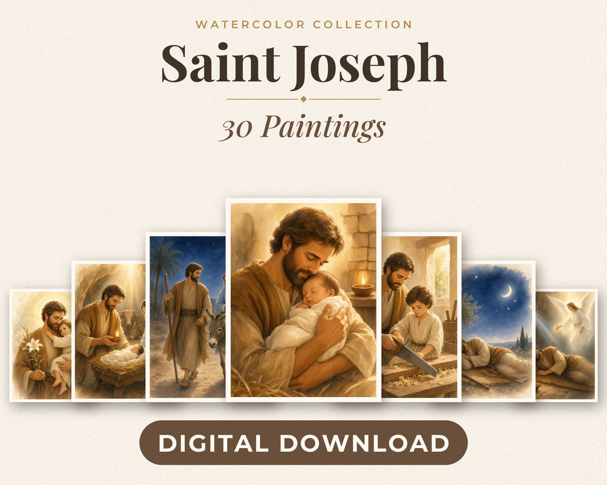 30 Saint Joseph Watercolor Paintings - Life of St Joseph Holy Family Catholic Wall Art Bundle, Nativity, Flight to Egypt