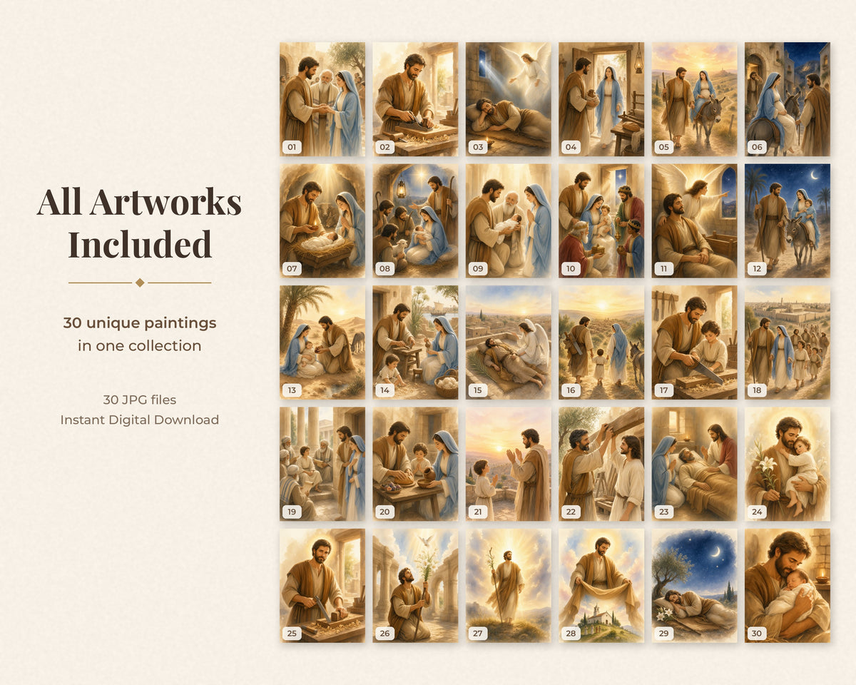 30 Saint Joseph Watercolor Paintings - Life of St Joseph Holy Family Catholic Wall Art Bundle, Nativity, Flight to Egypt