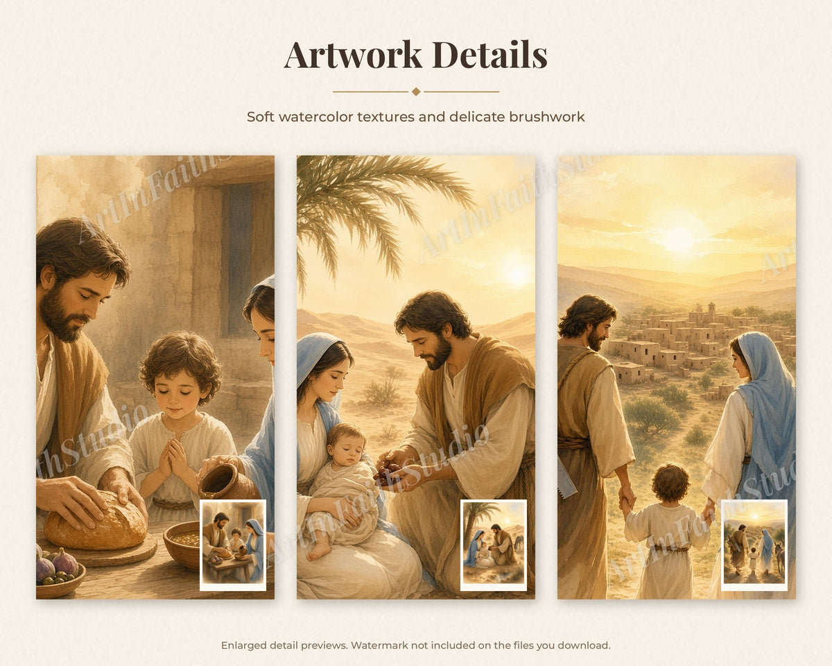 30 Saint Joseph Watercolor Paintings - Life of St Joseph Holy Family Catholic Wall Art Bundle, Nativity, Flight to Egypt