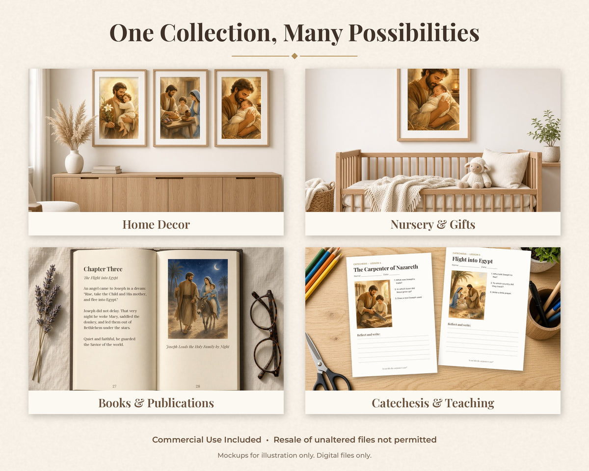 30 Saint Joseph Watercolor Paintings - Life of St Joseph Holy Family Catholic Wall Art Bundle, Nativity, Flight to Egypt