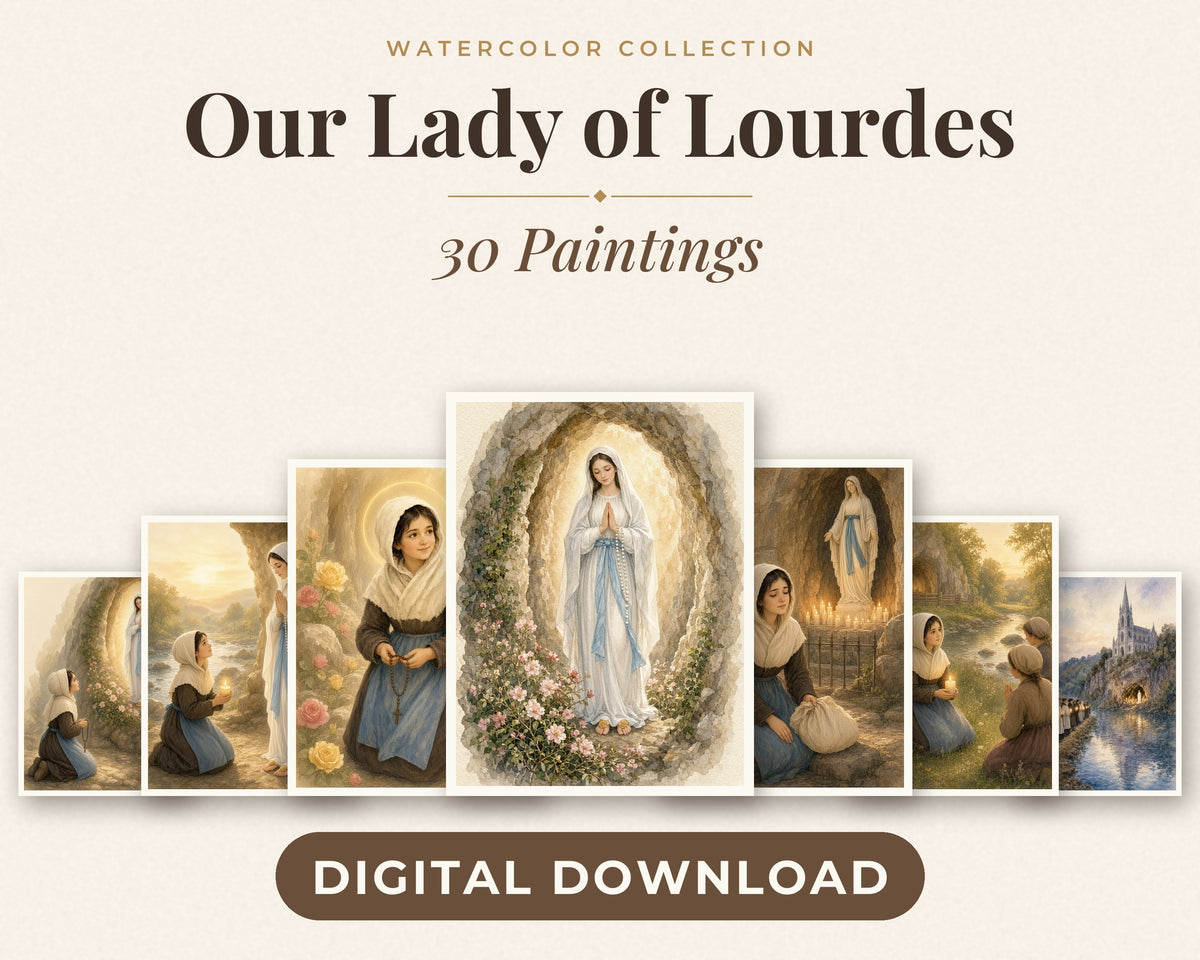 30 Our Lady of Lourdes Watercolor Paintings - Saint Bernadette Catholic Wall Art, Lourdes 1858 Apparitions, February 11