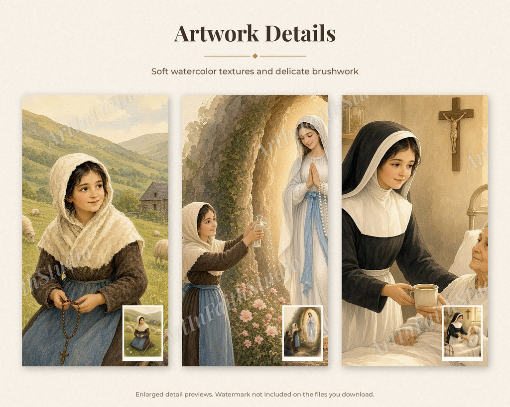 30 Our Lady of Lourdes Watercolor Paintings - Saint Bernadette Catholic Wall Art, Lourdes 1858 Apparitions, February 11